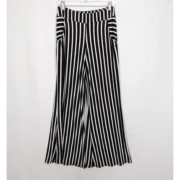 Joseph Ribkoff 6 Black/White Striped Palazzo Pants Side Pockets Elastic Waist - Picture 2 of 7